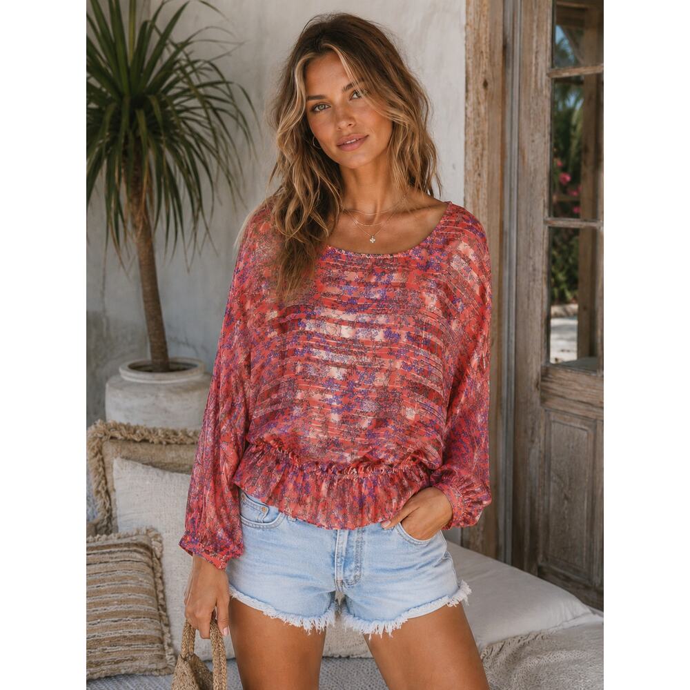 FREE PEOPLE Branches Blossoms Sheer Coral Boho Blouse Small